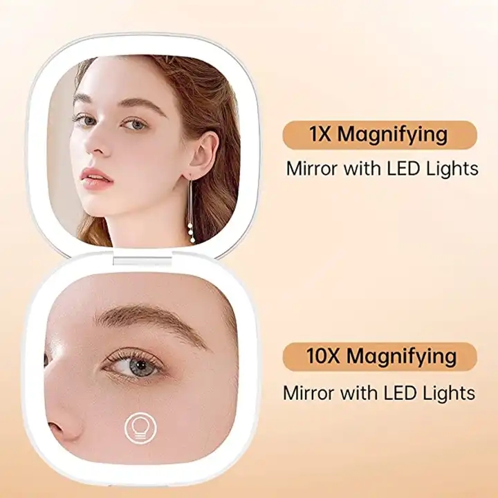Espejo de bolsillo plegable redondo de doble cara recargable portátil con luz LED