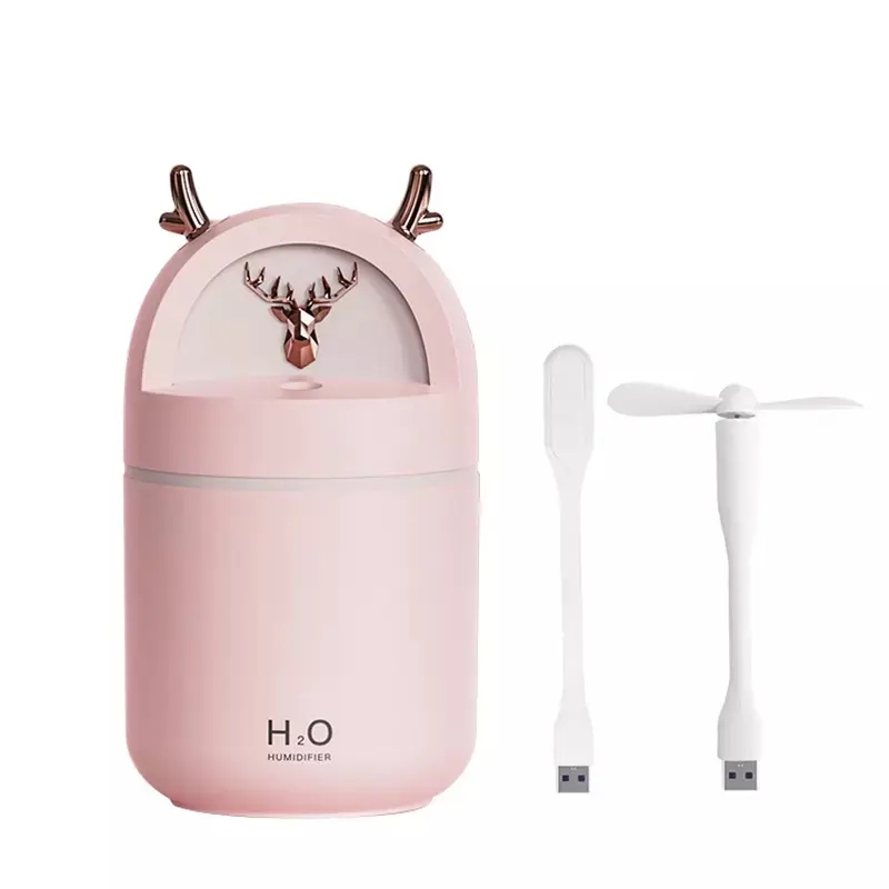 Mini humidificador de aire lindo de ciervo de 280 ml con ventilador de luz nocturna