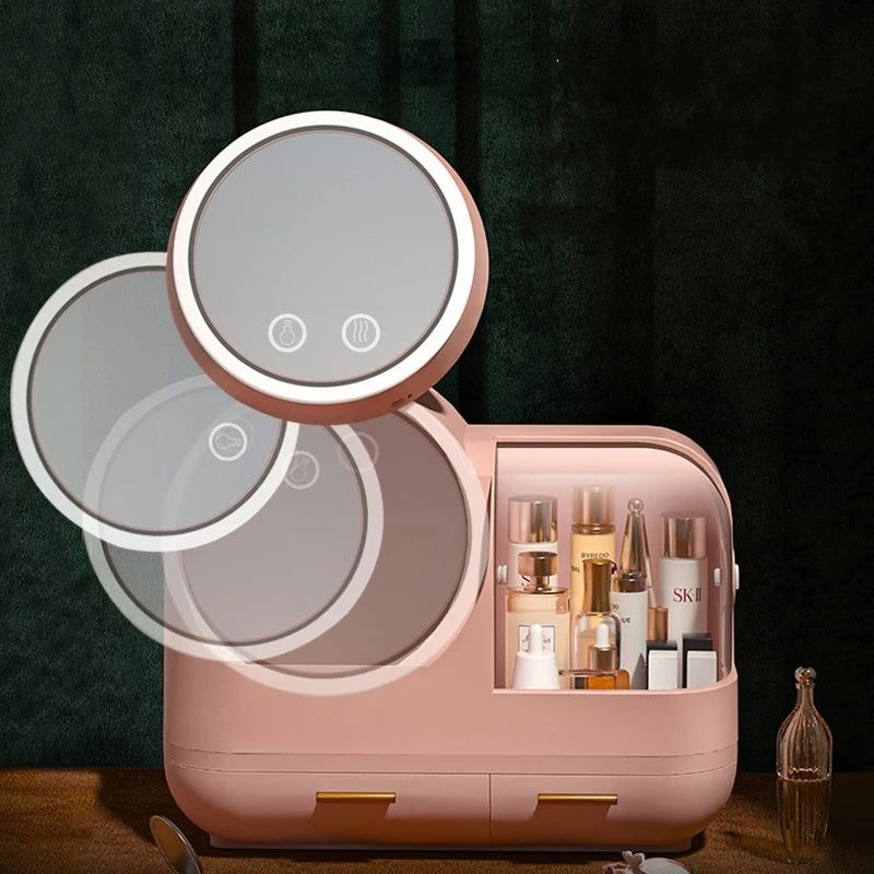 Organizador de maquillaje portátil con espejo y ventilador de luz LED