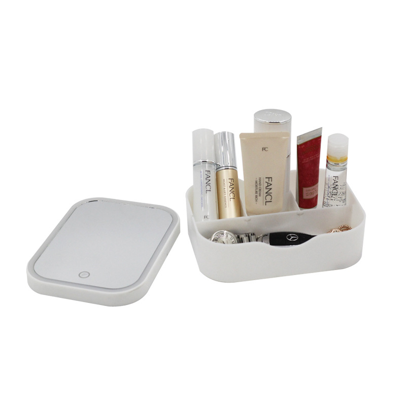 Espejo de maquillaje LED plegable Portbale con soporte de mesa con caja de almacenamiento