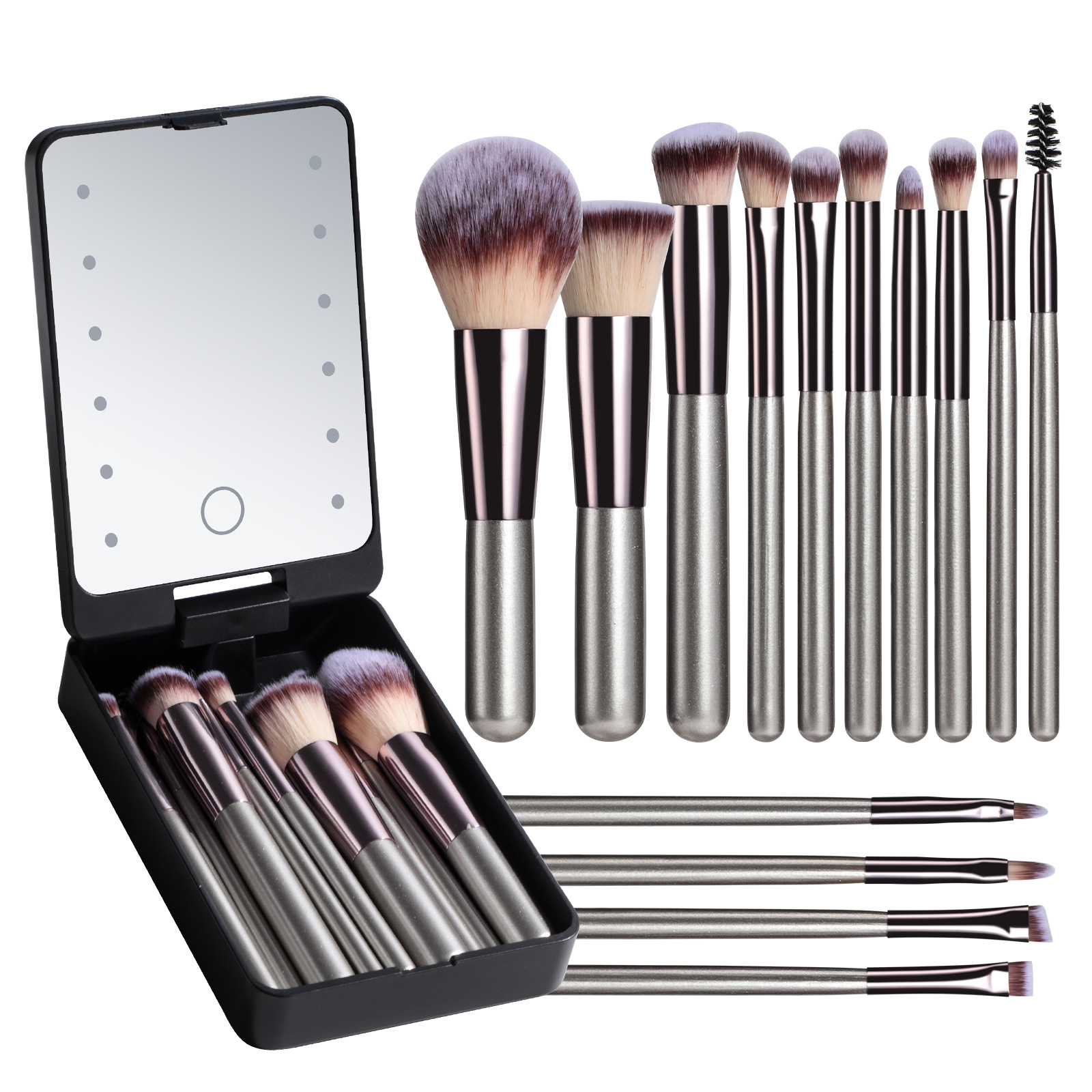 Sistema de cepillos cortos portátiles del maquillaje 14pcs con el espejo recargable 