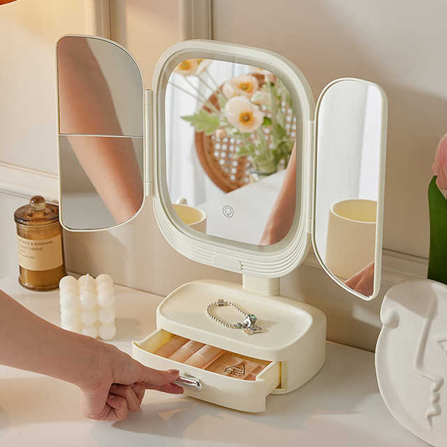 Caja de almacenamiento cosmética para maquillaje de mujer con luz ambiental ajustable y espejo