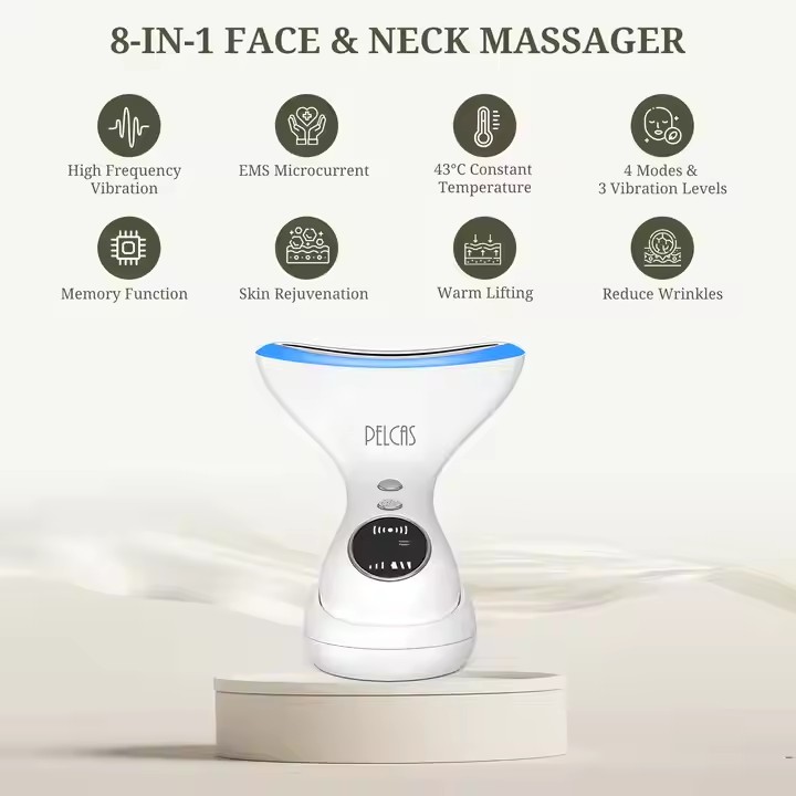  Máquina de estiramiento facial con terapia LED, instrumento de masaje de cuello y belleza 