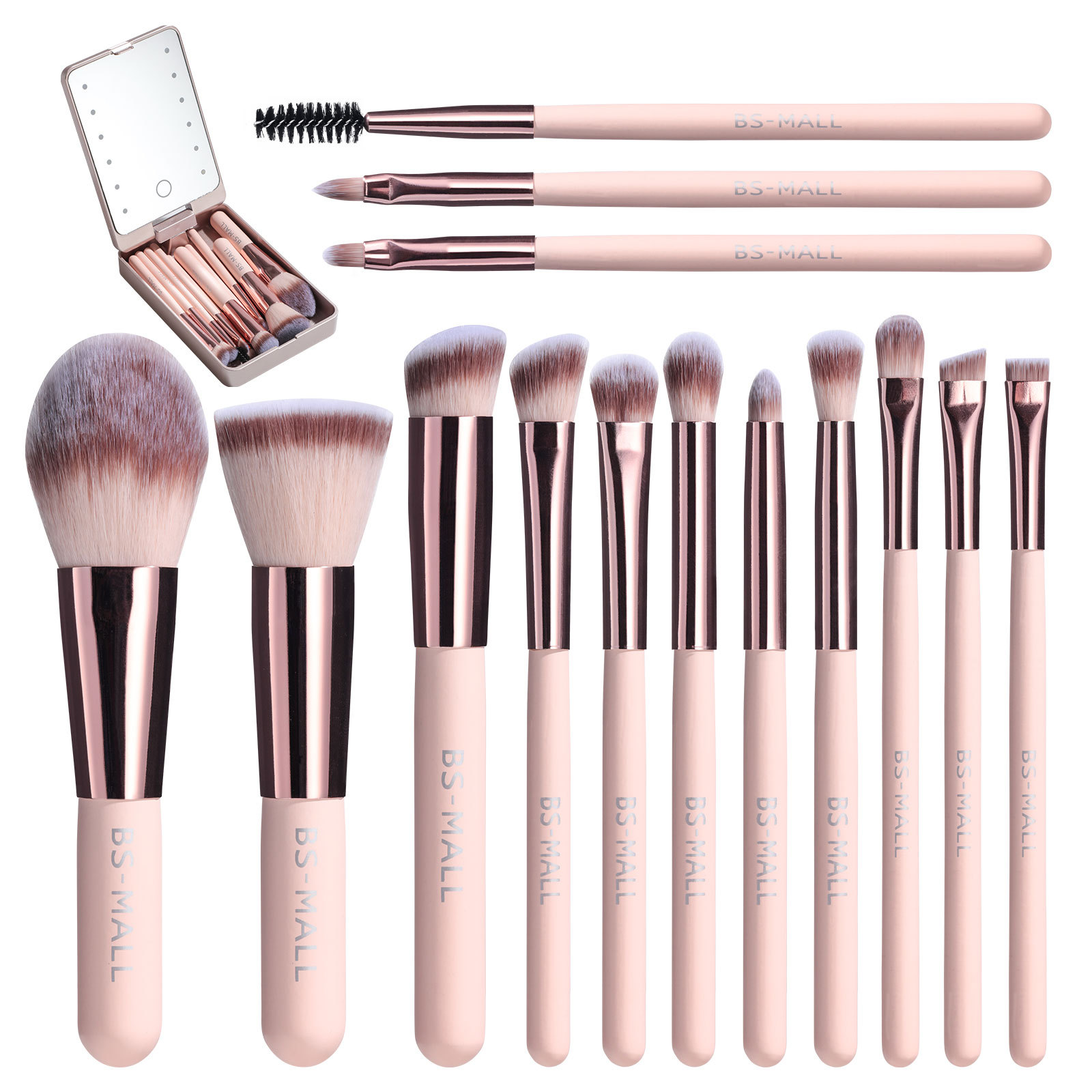 Sistema de cepillos cortos portátiles del maquillaje 14pcs con el espejo recargable 