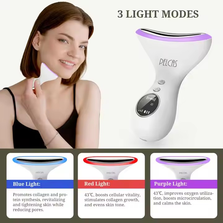  Máquina de estiramiento facial con terapia LED, instrumento de masaje de cuello y belleza 