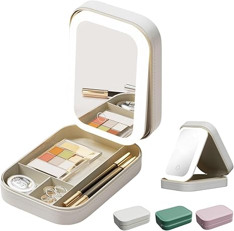 Caja de almacenamiento de maquillaje integrada de viaje con espejo iluminador