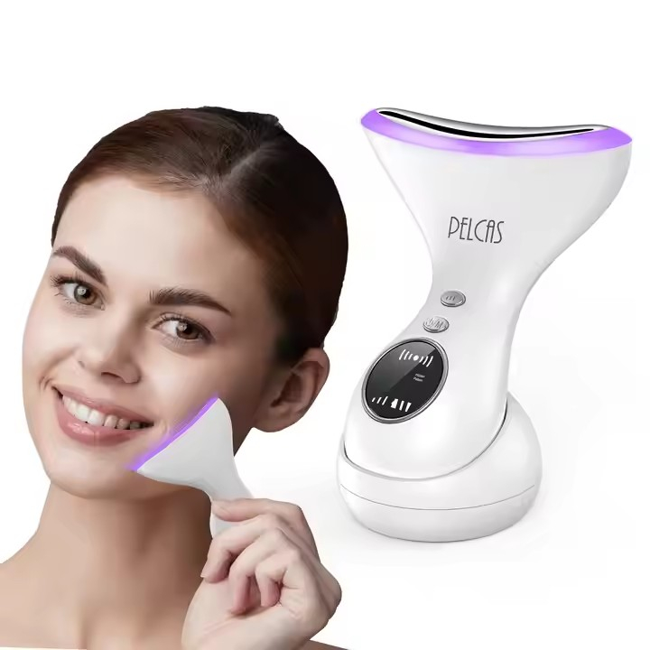  Máquina de estiramiento facial con terapia LED, instrumento de masaje de cuello y belleza 